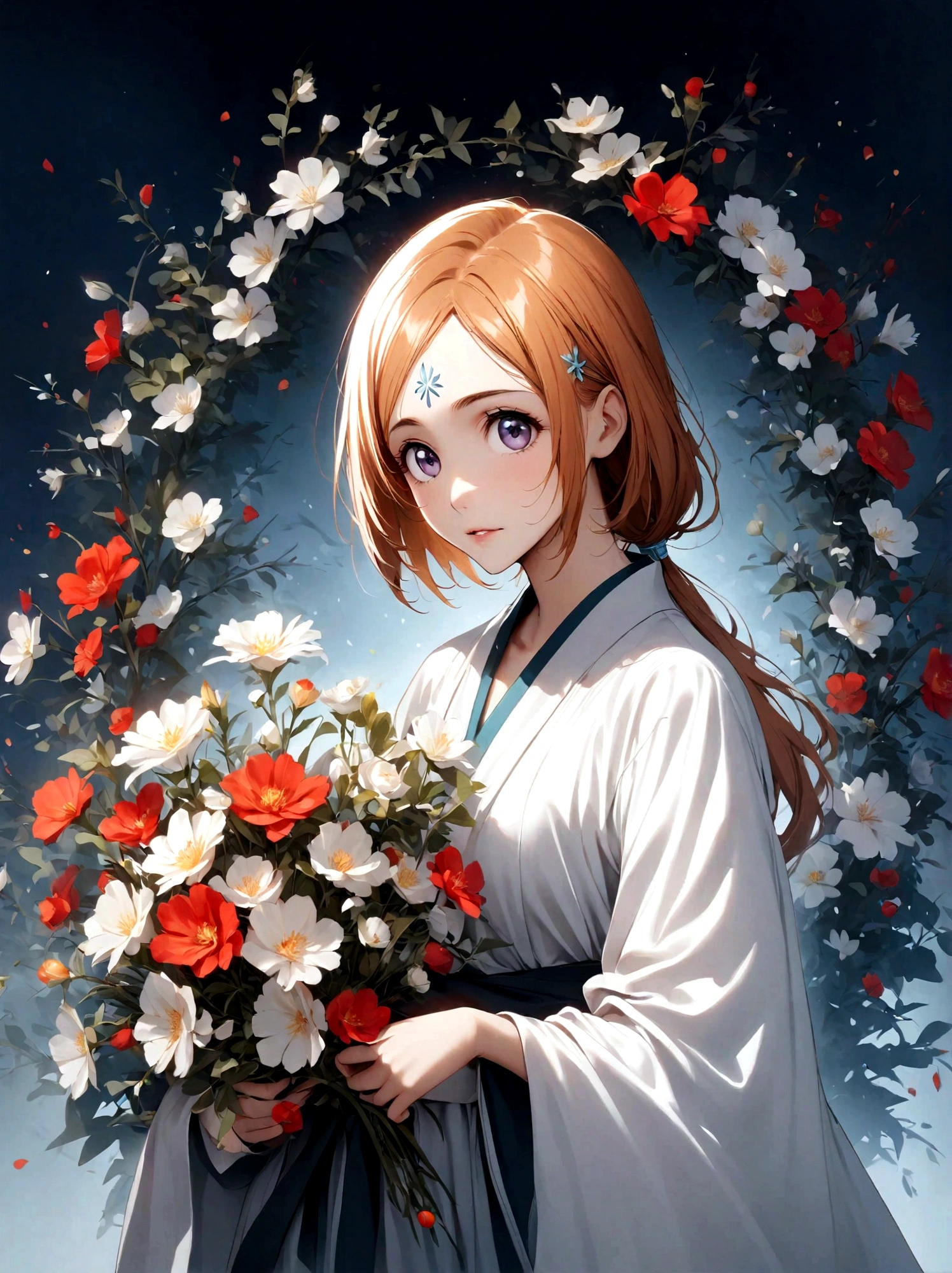 1fille, inoue orihime, EAU DE JAVEL, cheveux blond clair, queue de cheval ondulée, yeux violet foncé, peau claire, Visage doux, , robe blanche style kimono, décoration rouge, accessoires simples, tempérament élégant, gentil, Optimiste, désintéressé, Capacité de guérison, Bouclier Évitez Six Fleurs, marque sur le front, six pétales, très esthétique, illustration, composition parfaite, Peau humide, Détails complexes