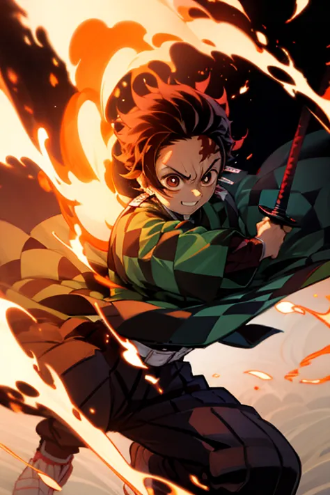 Boy (Tanjiro) using sword, fire coming from sword, happy look, 