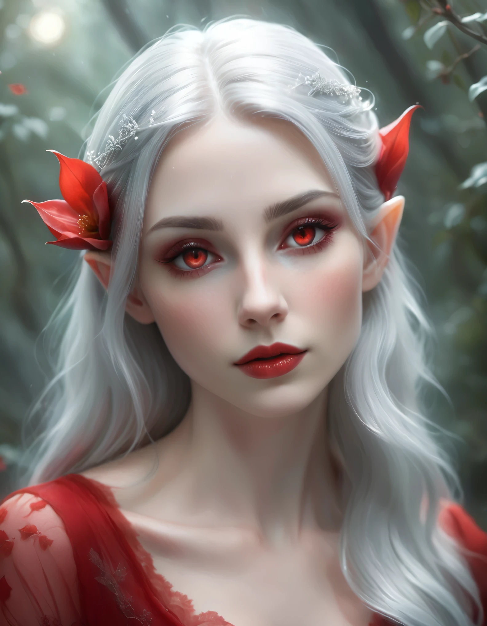 Create an ethereal, ultra realistic photo style female elf with long, flowing silver hair adorned with a red flower. The character should have pale, smooth skin with intricate tattoos on her arm and chest. She should be dressed in a revealing, elegant red outfit with delicate straps and a black lace hem. Her eyes are closed, showcasing bold red eyeshadow and dark, dramatic eyelashes, and her lips are painted in a matching red color. Her expression is serene and otherworldly. The background should be a misty, dark setting with a soft light illuminating her from above, creating a mysterious and magical atmosphere. Add subtle highlights to her hair and dress to enhance the ethereal feel. Distant full body view from above, ultra realistic photo, 16k, vibrant colors