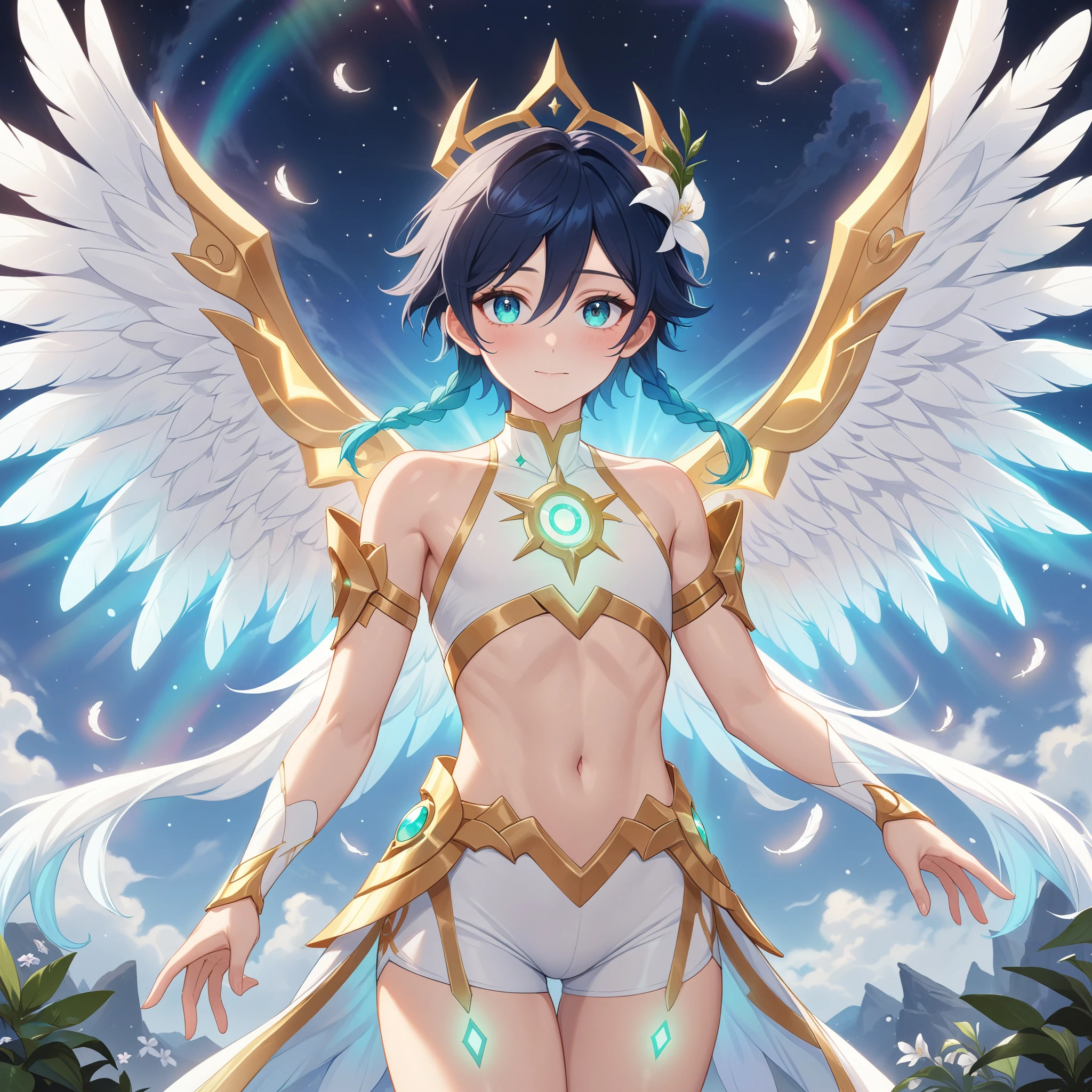 masterpiece,best quality,very aesthetic,absurdres,1boy,venti_/(archon/)_/(genshin_impact/),male_focus,detailed_eyes,teenage boy,large fluffy all white feathered_wings,white halter_crop top with gold accessories,smooth low waisted white spandex shorts with gold trim,hair_flower,midriff,black blue hair gradient,twin braids,((flat chest)),starry_sky,moon,starry_sky_print,((bluegreen eyes)),slender,feathers,divine,detailed_eyes,narrow_waist,bare stomach,iridescent volumetric light, god rays, heavenly,cosmic,celestial,8k,4k,uhd,award-winning,realistic:.25