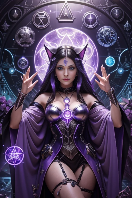 depicts a modern-day witch who has embraced the world of cybernetics to enhance her magical abilities. The artwork should convey the enchanting blend of traditional witchcraft and futuristic technology. Here are some specific elements to include: The Witch's Lair: The setting should be a cozy yet slightly eerie room, filled with magical books, crystal balls, potion ingredients, and antique furnishings. The room should be dimly lit by candles and a soft, mystical glow emanating from her cybernetic enhancements. The Cyborg Witch: The central focus of the artwork is the witch herself. She's a striking figure with a mix of traditional witch attire and cybernetic enhancements. Her clothing should have a witchy, occult aesthetic, with flowing robes, a pointed hat, and an intricate pentagram necklace. Her arms, however, have been upgraded with cybernetic components that incorporate magical symbols and glowing runes. Magical Interface: The witch is in the midst of casting a spell, with a holographic, touch-screen interface floating before her. This interface includes spell incantations, arcane symbols, and digital components, demonstrating her fusion of magic and technology. Spell Ingredients: On a nearby table, there should be a collection of spell ingredients, like herbs, potions, and magical artifacts. Some of these items may have been modified with cybernetic enhancements, blurring the line between the natural and the technological. Familiar: The witch's familiar, perhaps a cat or raven, should be present in the scene, serving as her magical companion. The familiar could also have subtle cybernetic enhancements or glowing eyes. Glowing Runes: The room should be adorned with ancient symbols and glowing runes on the walls and floor, contributing to the magical atmosphere. Aetherial Lighting: Use a combination of mystical, ethereal lighting and cybernetic glows to create a captivating interplay of light and shadow. The contrast between the tradit