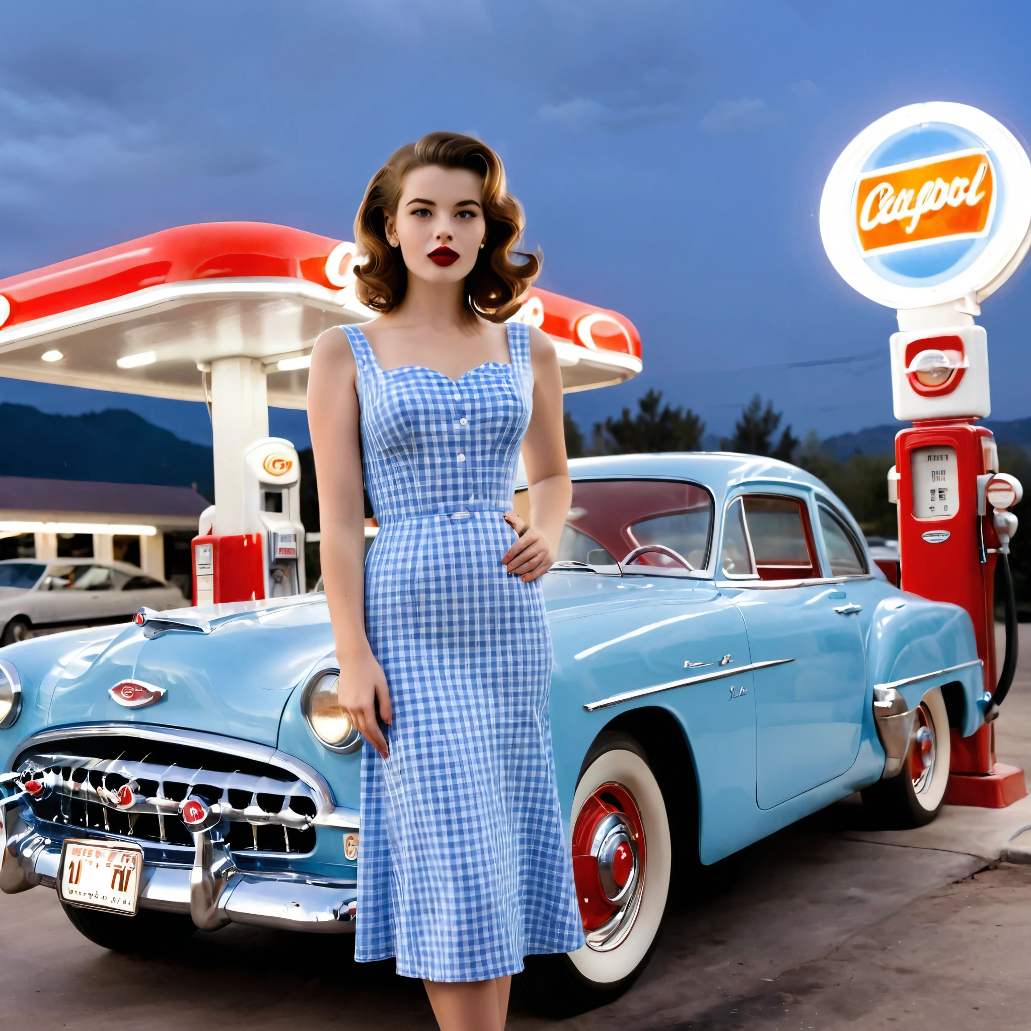 1950년대 빈티지 스타일을 지닌 아름다운 젊은 여성이 복고풍 주유소의 클래식 파란색 자동차 앞에 자신 있게 서 있습니다.. 그녀는 꼭 맞는 옷을 입는다, 몸매를 더욱 돋보이게 해주는 블루 깅엄 드레스, 레드립스틱으로 우아함을 더한, 갈색 머리. 주유소는 향수를 불러일으키는 느낌이에요, 빨간색과 흰색 액센트와 클래식 가스 펌프가 있습니다.. 위의 밤하늘은 맑다, 현장에 고요한 분위기를 더하다. 전체적인 분위기는 고풍스럽고 글래머러스한 느낌이에요, 20세기 중반 아메리카나의 정수를 포착하다.