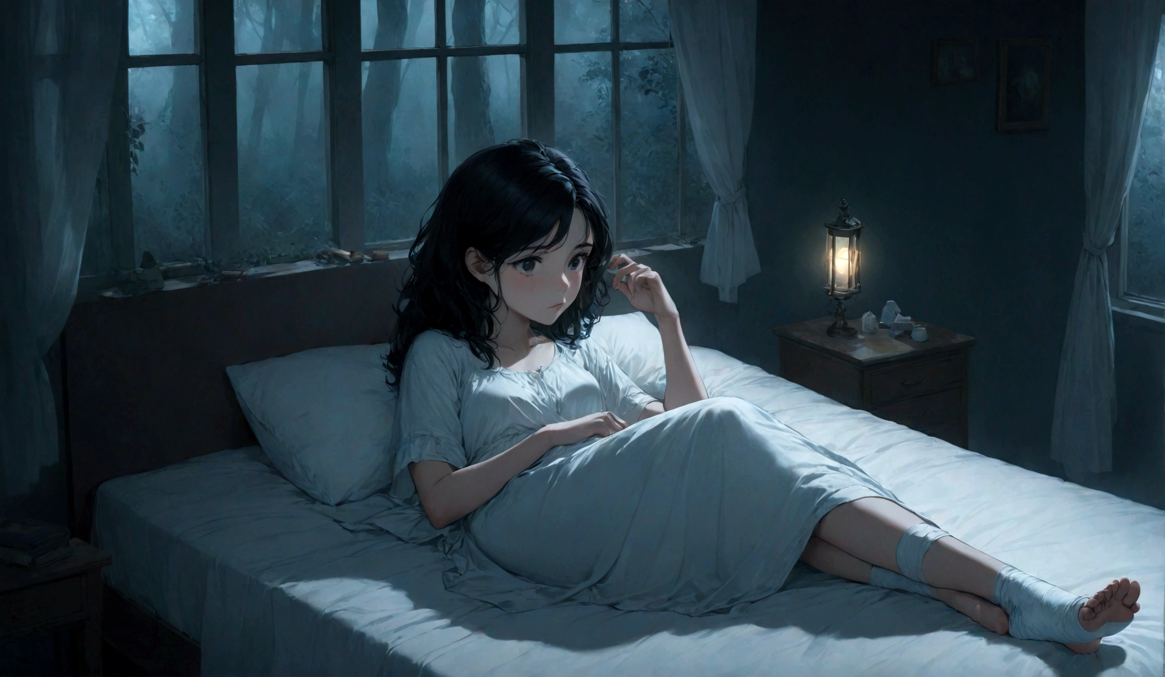 A young woman lies in bed with her foot in a curative cast. The room is dimly lit, with a window in the background showing dense, dark woods. Her expression is thoughtful and slightly anxious, hinting at a deeper story. The womman has black hair, slightly curled. 