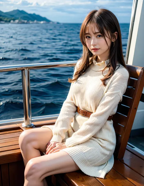 (Summer knitwear、Summer Sweater:1.1) ,smile、The Titanic is moored alongside、Brown beige color hair、Woman standing on a boat、Ligh...