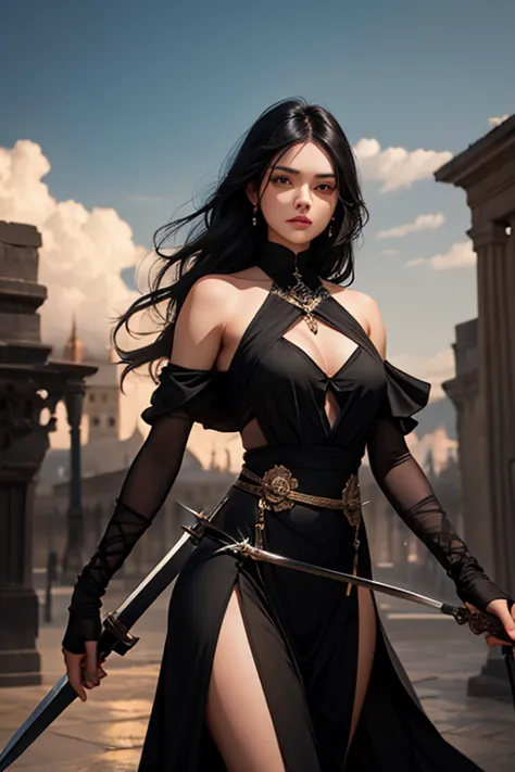 Woman.black hair.brown eyes.long black dress.two swords