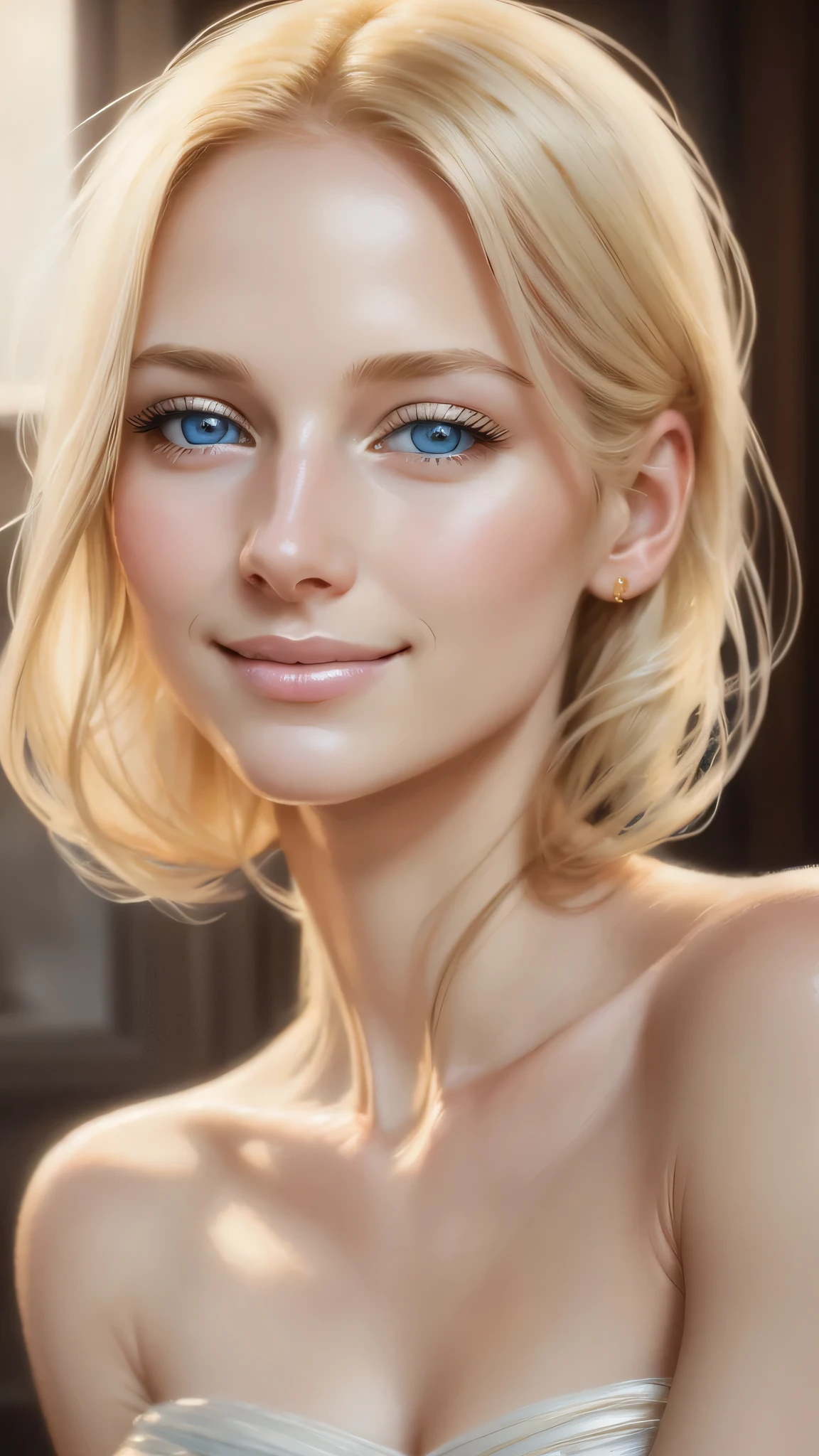 Soft portrait of a beautiful blonde woman, flowing golden hair, captivating blue eyes, delicate features, radiant smile, natural makeup, elegant attire, gentle expression, subtle blush, warm skin tones, ethereal lighting, soft shadows, high-resolution digital painting, realistic style, artistic interpretation, by a skilled portrait artist, ArtStation showcase.
