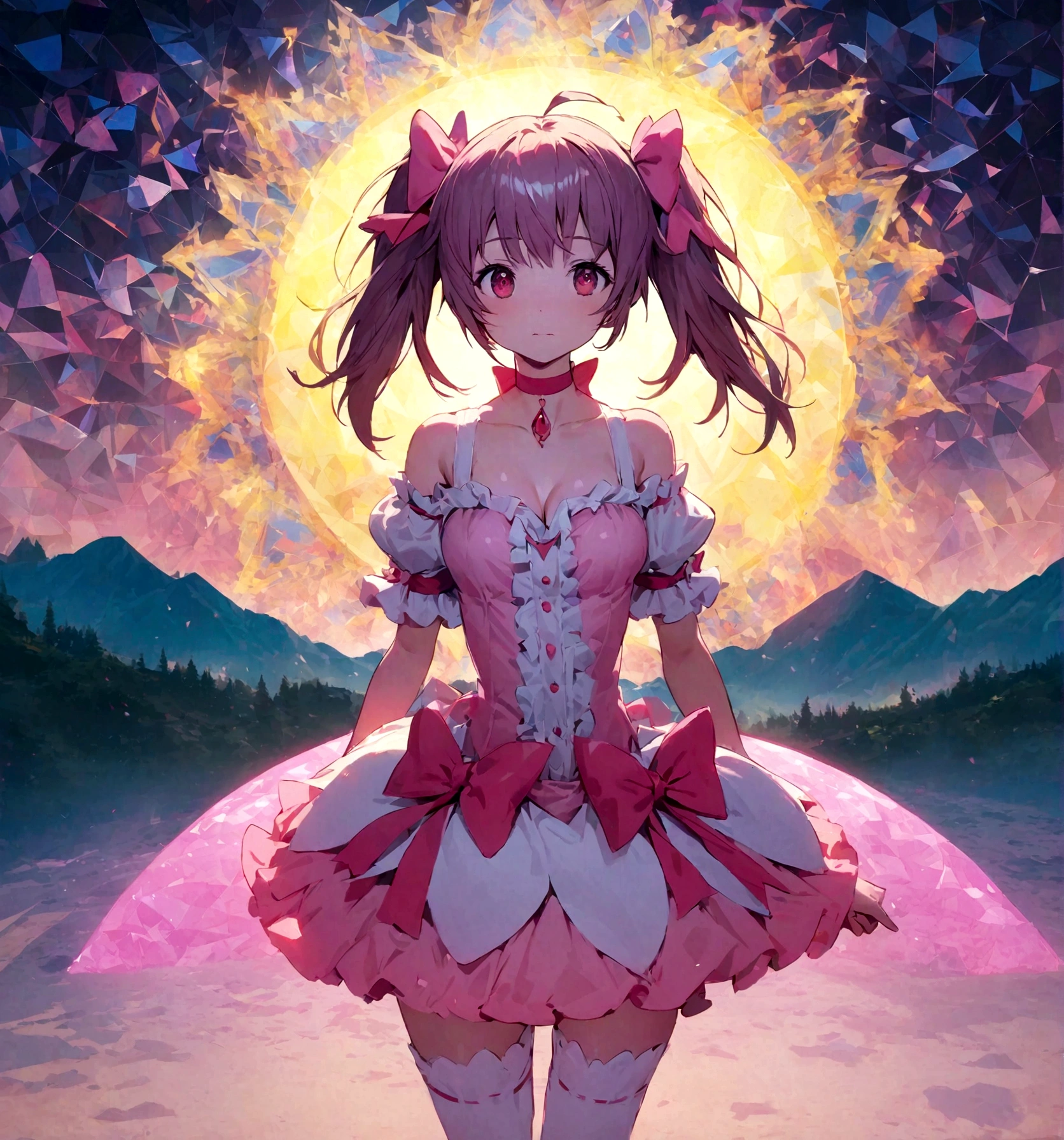 kaname_madoka\(Puella Magi Madoka Magica,estilo de chica mágica,pelo de colas gemelas rosadas,arcos rosas,vestido con hombros abiertos y volante,arco en el cuello,arboleda blanca,joya roja en el escote\) está de pie con cara confusa en el centro preguntándose mostrando todo el cuerpo al espectador,geometric and chaotic background gothic paisaje,(en una pesadilla muy psicodélica), BREAK ,calidad\(8K,fondo de pantalla de una unidad CG extremadamente detallada, ​obra maestra,alta resolución,top-calidad,top-calidad real texture skin,hiperrealista,aumentar la resolución,Fotos CRUDAS,la mejor calidad,muy detallado,el fondo de pantalla,iluminación cinematográfica,traza de rayos,proporción áurea\),(tiro largo),plano general,paisaje,fondo borroso,(arte de Maurits Escher)