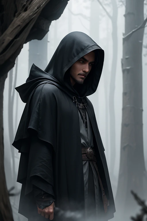 warrior.black hooded cloak.in the middle of a fog