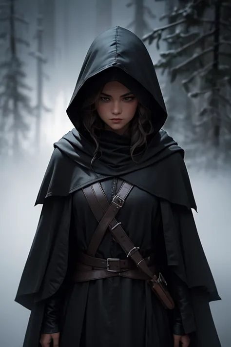 warrior.black hooded cloak.in the middle of a fog