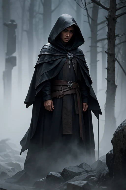 warrior.black hooded cloak.in the middle of a fog