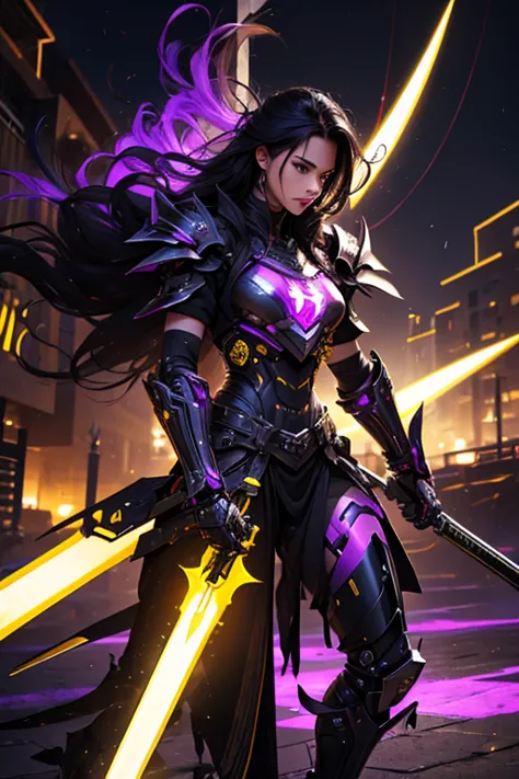 warrior.cybernetic.black plow with yellow Raí.purple swords