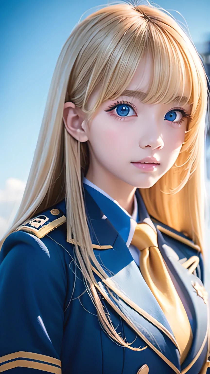Beautiful girl in uniform、A very pretty 17 year old with super long blonde hair、Super long beautiful blonde hair、Beautiful long bangs、Bangs between the eyes、Very beautiful cute face、Cute beautiful kind face、Hello high school girls、Very beautiful bright pale sky blue big eyes、Hair above the eyes、片Hair above the eyes、Hair between the eyes、