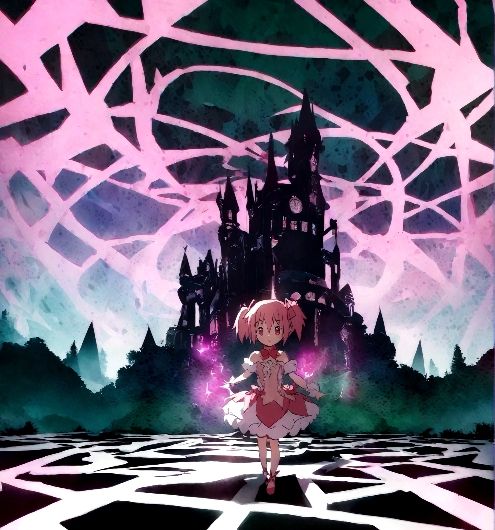 kaname_madoka\(Puella Magi Madoka Magica,magical girl style,pink twin tails hair,pink bows,open shoulder dress with frill,backward ribbon at neck,white grove,red juwel at middle of clavicle\) is standing with confused face in the center lost her way, showing full body to viewer, BREAK ,geometric and chaotic background with messy chaotic gothic shadow puppet castles,(in a very psychedelic nightmare), BREAK ,quality\(8k,wallpaper of extremely detailed CG unit, ​masterpiece,hight resolution,top-quality,top-quality real texture skin,hyper realisitic,increase the resolution,RAW photos,best qualtiy,highly detailed,the wallpaper,cinematic lighting,ray trace,golden ratio\),(long shot),wide shot,landscape,blured background,(art by Maurits Escher:1.3)