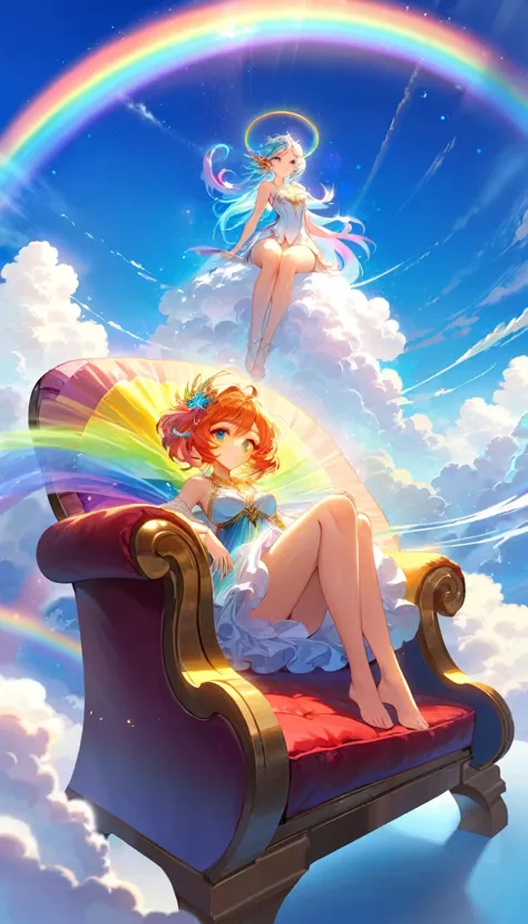 A stunningly ethereal figure, composed of a dazzling array of rainbow hues, reclines gracefully at the end of a radiant rainbow ...