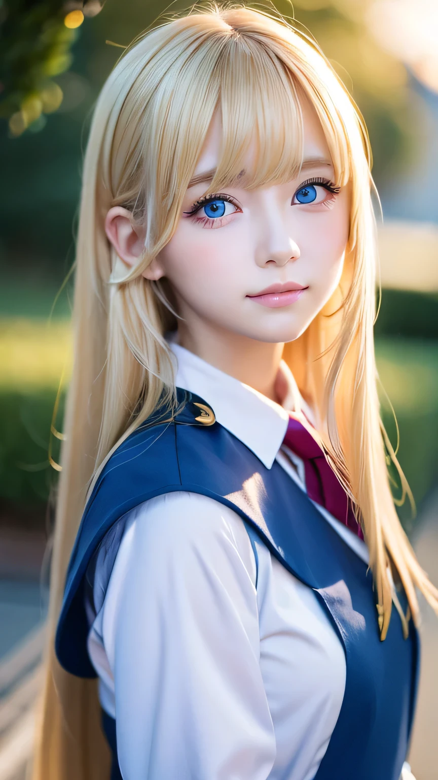 Beautiful girl in uniform、Very cute 17 year old with very long blonde hair、Super long beautiful blonde hair、Beautiful long bangs、Bangs between the eyes、Very beautiful cute face、Cute Beautiful Gentle Face、Hello、To all high school girls、Very beautiful bright pale sky blue big eyes、Hair above the eyes、片Hair above the eyes、Hair between the eyes、