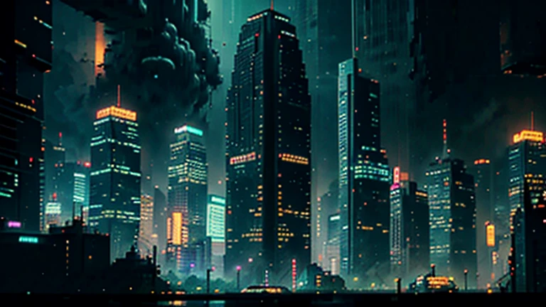 uma cidade futurista cyberpunk à noite,perspectiva em primeira pessoa de um mirante,luzes de neon,arranha-céus,Veículos flutuantes,tempo chuvoso,iluminação dramática,atmosfera cinematográfica,(melhor qualidade,4K,8K,alta resolução,obra de arte:1.2),Ultra-detalhado,(realista,photorealista,photo-realista:1.37),iluminação dramática,tons temperamentais,estética ciberpunk,Placas de neon,efeitos de chuva,composição dinâmica,detalhes intrincados,enquadramento cinematográfico