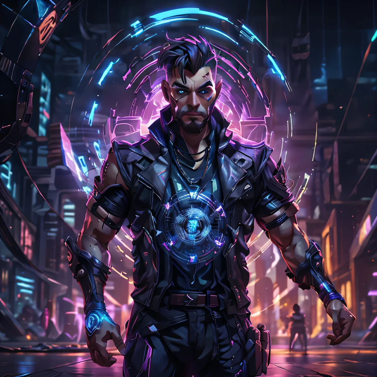 cybernetic man, extremely strong, brawny, with earth hologram watch on arm, 