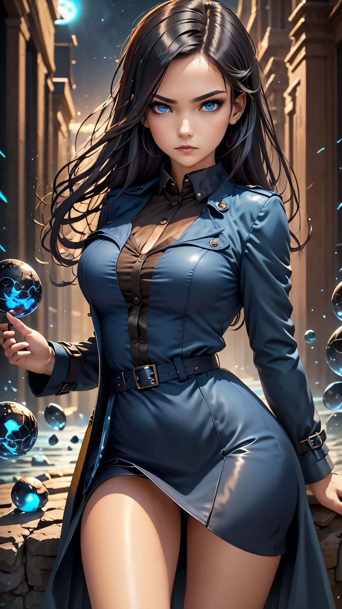 (best quality, masterpiece),(1girl, trench coat,expression face, blue eyes, looking at viewer, black hair, closed mouth, dress shirt, black skirt, hand at viewer), (less blue light, swrling many blue glass pieces behind, floating objects, night sky)