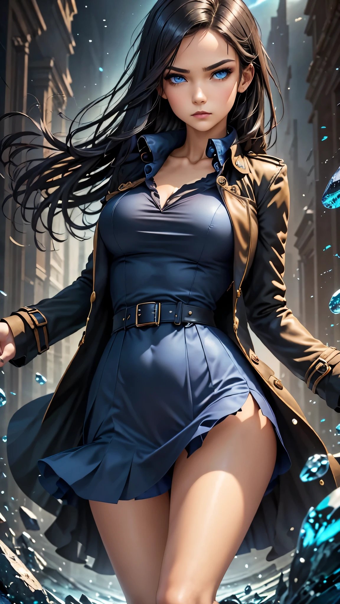 (best quality, masterpiece),(1girl, trench coat,expression face, blue eyes, looking at viewer, black hair, closed mouth, dress shirt, black skirt, hand at viewer), (less blue light, swrling many blue glass pieces behind, floating objects, night sky)