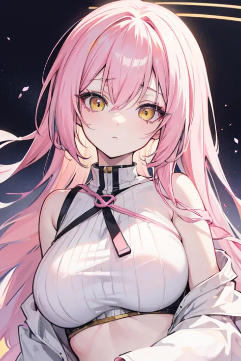 anime girl with pastel pink hair, yellow eyes, pale skin, fine and soft features 
