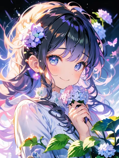 (((Delicate eyes)))、smile、Anime Girls, Purple Hair,Odd Eye、 可愛いAnime Girls、smile、hydrangea、たくさんのhydrangea、Fractal Art、Gwaiz、Flow...