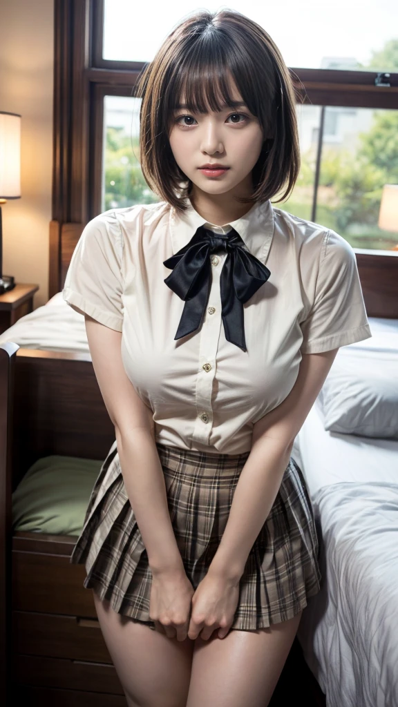 masterpiece, best quality, illustration, Super detailed, fine details, High resolution, 8K,wall paper, perfect dynamic composition,(Details High quality, realistic depiction of eyes:1.3), standing, (collared shirt:1.1), pleated skirt, short bob hair、black hair color, Big Natural Color Lip, bold sexy pose, crying a little、Harajuku style、acrobatic pose, 20 year old girl、cute type、lolita、beautiful legs, hotel room, gravure idol, Voluptuous thighs, huge breasts, Don't expose it