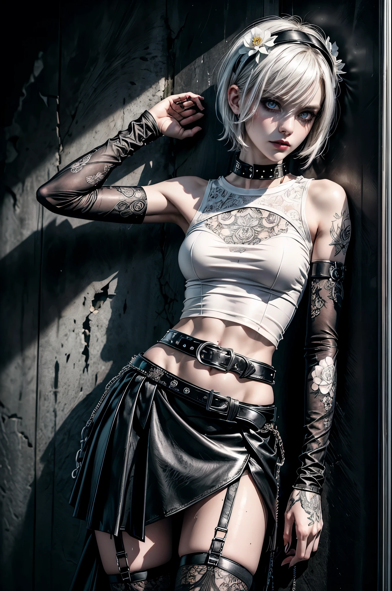 (Detailed illustrations, Very detailed and detailed drawing, Delicate lines with slow and rapid, Realistic texture expression), One woman with very short white hair with black tips, ( emo hairstyle, ), goth, pale white skin, evil smirk, (girls bedroom background), dark lighting, cold atmosphere, lore_Emma , pink eyes , dark eyeliner, (ultra dark glossy black lipstick), bored expression, gorgeous face , super cute, 18 years old , hyper detailed face, (super skinny figure , medium breast, thin waist), back leaning against wall, slim legs, slim hips, LowriseXL, (ultra low rise wet look shiny leather skirt with transparent flower pattern), (mesh shirt with flower pattern under (white transparent loose silk t-shirt) with bare shoulders), black choker, vulva tattoo, black hairband, (white lotus flower in hair), ((flower pattern tattoo)), fingerless leather gloves, (black nail polish), faded tattoo's, ((thigh belt)), ((hip chains)), ((belt hanging on hip)), ((many studded belts)), (((right arm back against wall))), (((left hand behind head)))