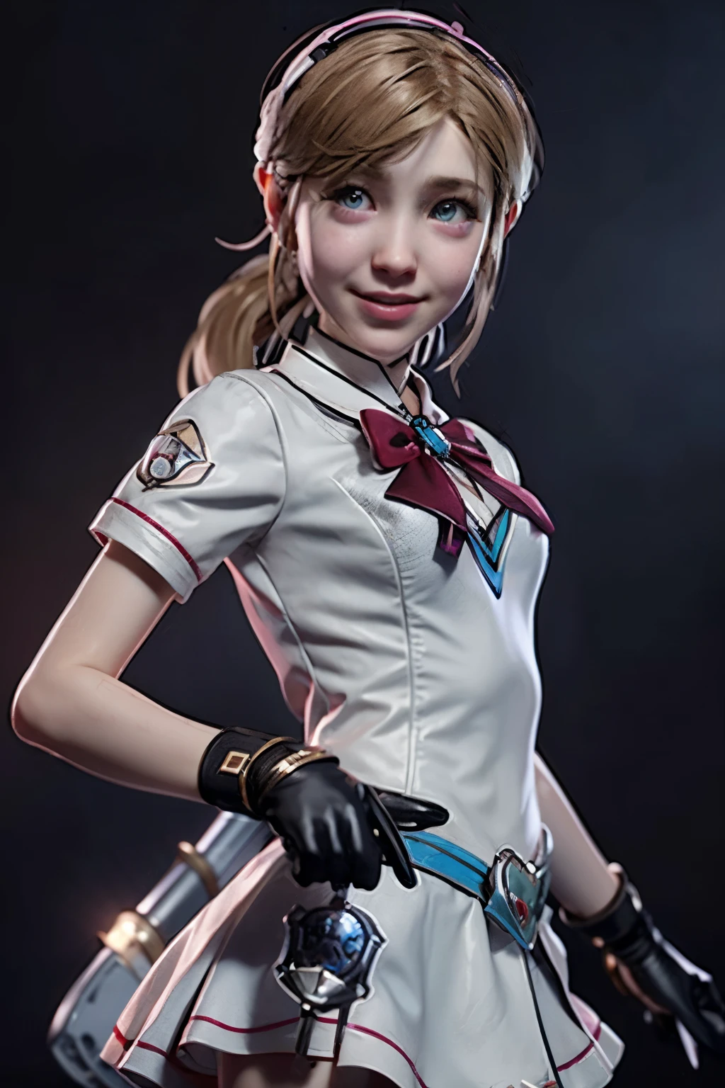 solo, smile, Sherry Birkin,   (mahoushoujo, magical girl:1.3),  gatling gun, gun, light particles,, ultra detailed, masterpiece, best quality, aesthetic, detailed,