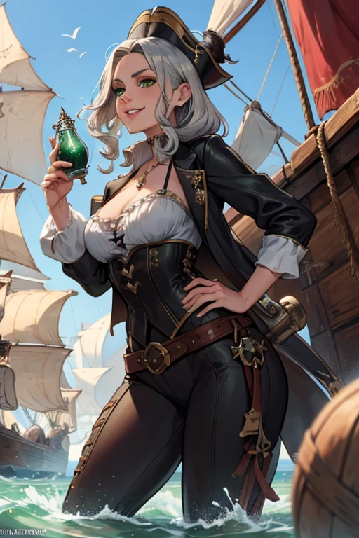 A young silver haired woman with green eyes with an hourglass figure in a pirate outfit is smiling while leaning forward on a pirate ship