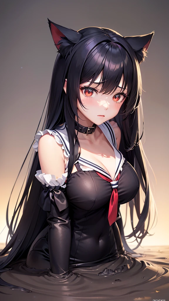 Detailed facial details，1 girl、Cat ear，Black long hair,Shut up，Bring a white mask，Large Breasts，Wearing a blue striped sailor suit，Charming red eyes, Shy expression，Slim，Handcuffs，Collar，Radiant Skin，Facial details are very detailed, Body covered in mud