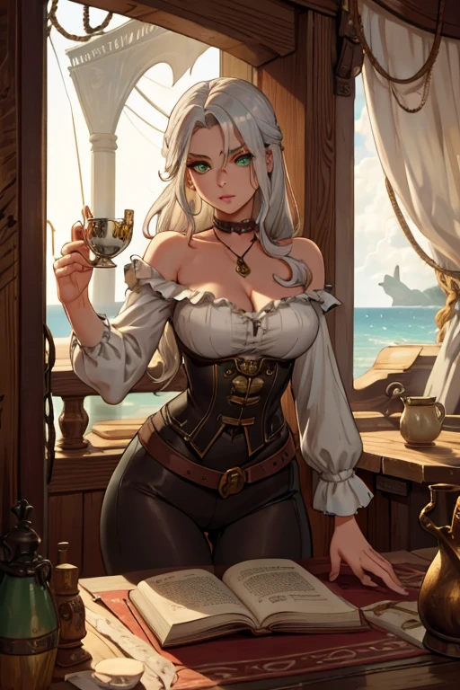 A young silver haired woman with green eyes with an hourglass figure in a pirate outfit is drinking tea in the captain cabin of a pirate's ship