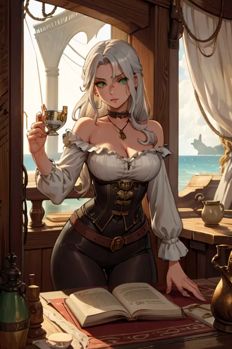 A young silver haired woman with green eyes with an hourglass figure in a pirate outfit is drinking tea in the captain cabin of ...