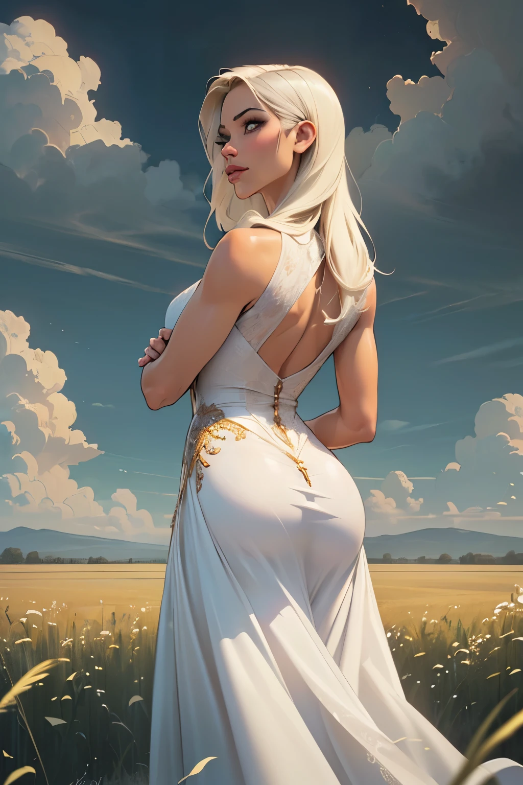 ((Dramatic pose:1.3)), turning around, radiant aura, (best quality,8k,ultra-detailed:1.2),(pale,glowing skin),(cinematic lighting:1.1),(dark,dim),(long flowing white hair),(beautiful intricate face,detailed features),(golden white dress:silky),(intense gaze),(viewing audience),(unbelievably detailed 8K CG wallpaper),(artistic cinematic lighting with neutral filter),((overcast clouds, fields background:1.4))