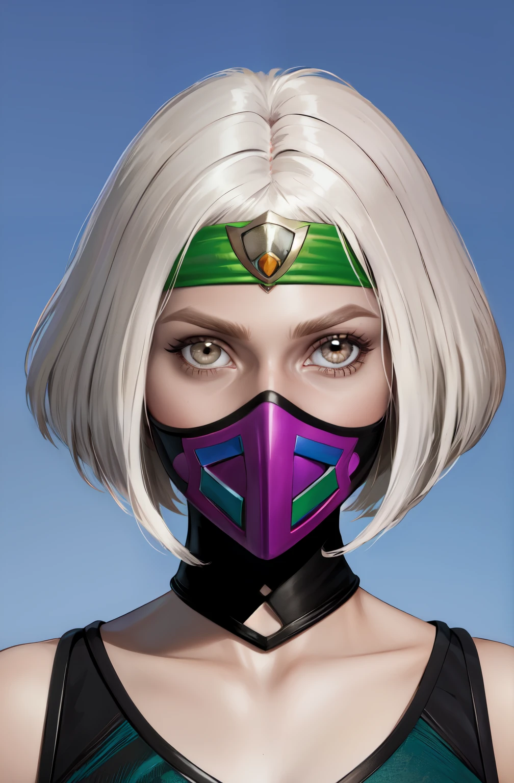 Kmeleon,white eyes, white hair,  white eyes, bob cut, 
headband, mouth mask,  looking at viewer, 
(best quality, masterpiece, perfect face, beautiful and aesthetic:1.2, colorful, highest detailed face),solo, 