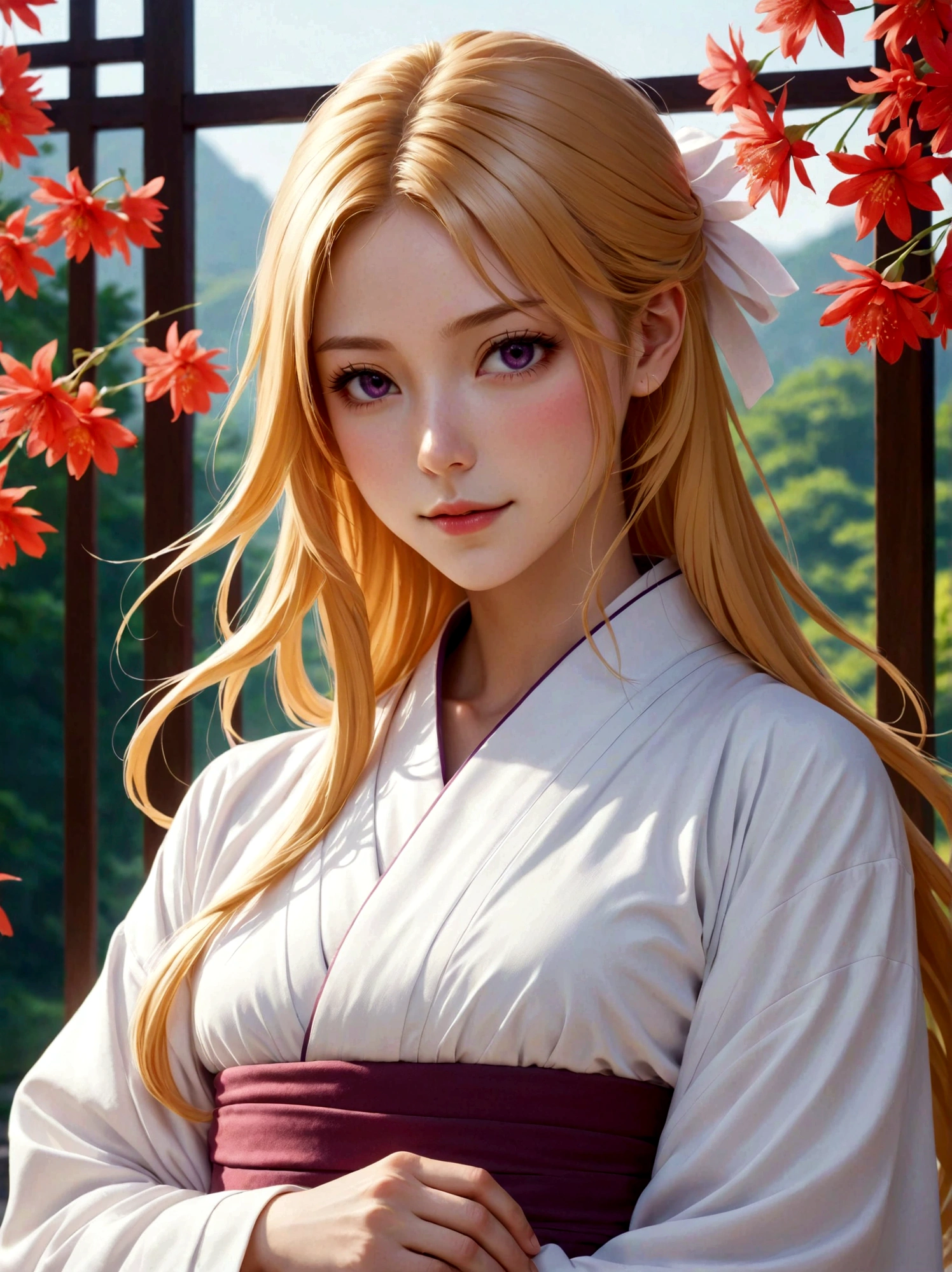 1girl, Inoue Orihime, bleach, Light blond hair, wavy ponytail, dark purple eyes, fair skin, soft face, , white kimono-style robe, red decoration, simple accessories, elegant temperament, kind, optimistic, selfless, healing ability, Shield Shun Six Flowers, forehead mark, six petals, Very aesthetic, illustration, perfect composition, moist skin, intricate details