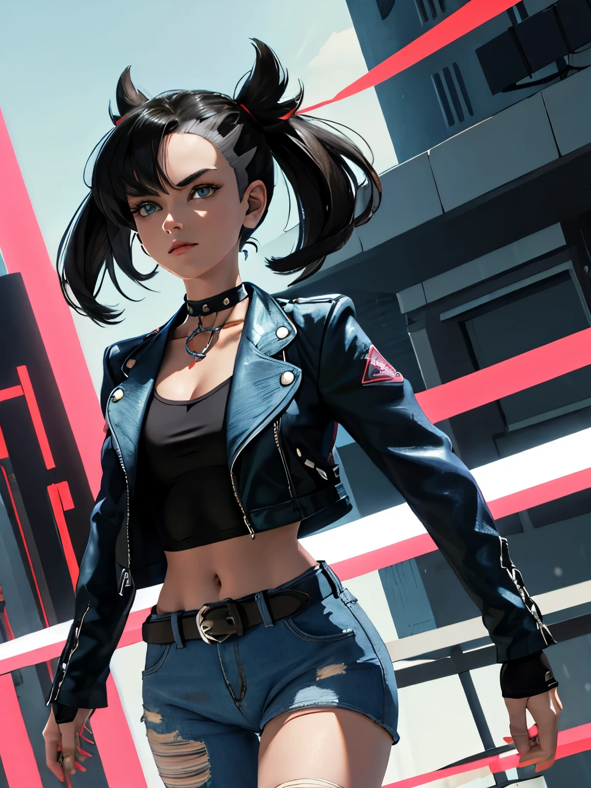 Marnie (pokemon), Wide hips, masterpiece, best quality, highres, marnie, aqua eyes, choker, red ribbon, Side bangs, asymmetrical hair, black hair, much hair, lether jacket, fingerless gloves, pink leotard, denim pants, belt, cowboy, torn clothes, cameltoe, slender figure, panam palmer clothes, outdoors, only head and shoulders, magazine style, cyberpunk City backgrond, London eye.