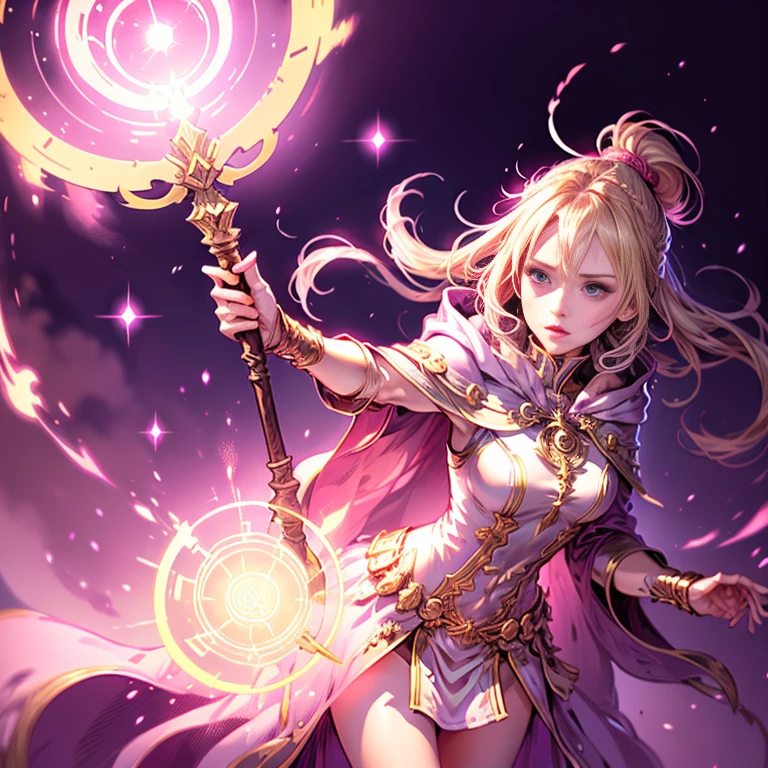 Blond ponytail hair fantasy lady wearing a futuristic light pink mini dress with elaborated ornaments, pink pointed hooded tunic no helmet, pink short cloak, pink short mini skirt, holding a staff, eclipse, magic conjuring circle behind, dynamic pose
