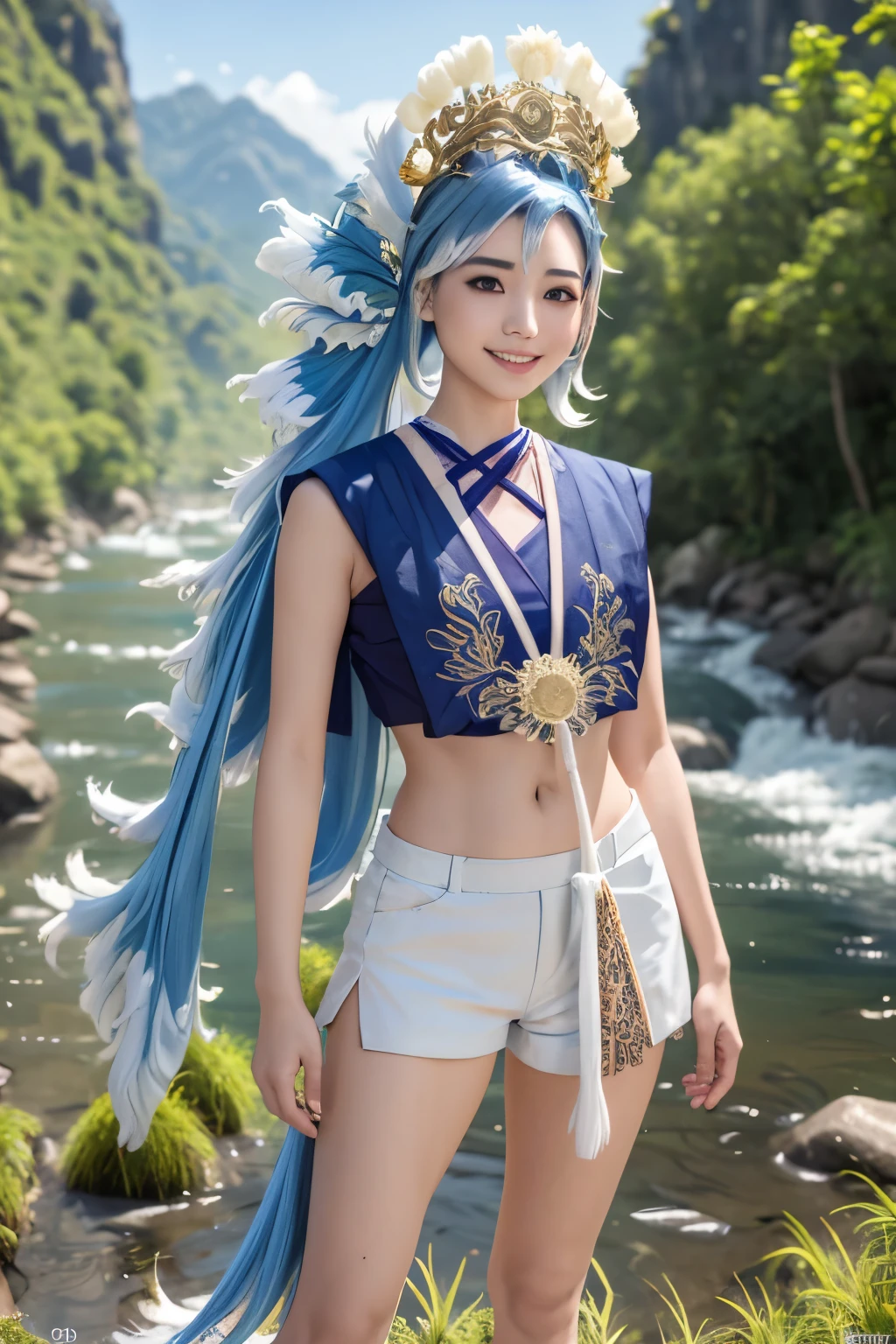 masterpiece, best quality, realistic, cosplayer, absurdres, perfect anatomy, 1girl, solo, Kobo3rd, side ponytail, bracelet, hair ornament, blue shirt, sleeveless, midriff, white shorts, standing, river, beautiful mountain background, ricefield, smile, outdoors,wear Indonesian traditional dress