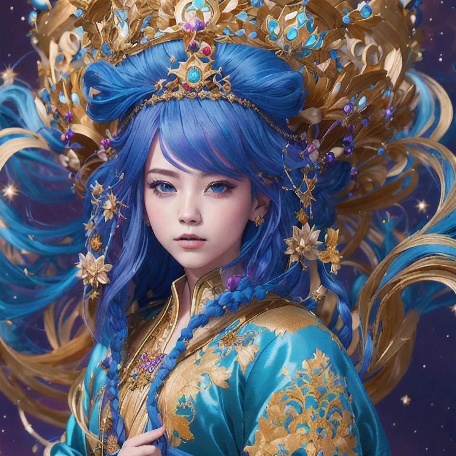 18 years old with blue hair wearing a gold crown and a blue wig, fantasy art style, ((a beautiful fantasy empress)), a beautiful fantasy empress, artwork in the style of Girl, azure. detailed hair, 18 years old, palace ， a girl in hanfu, beautiful celestial mage, anime girl with cosmic hair