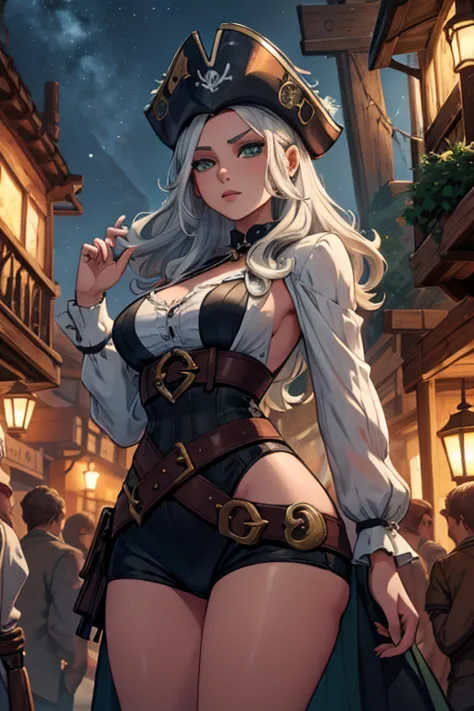 A young silver haired woman with green eyes with an hourglass figure in a pirate outfit is exploring the market of a pirate's ci...