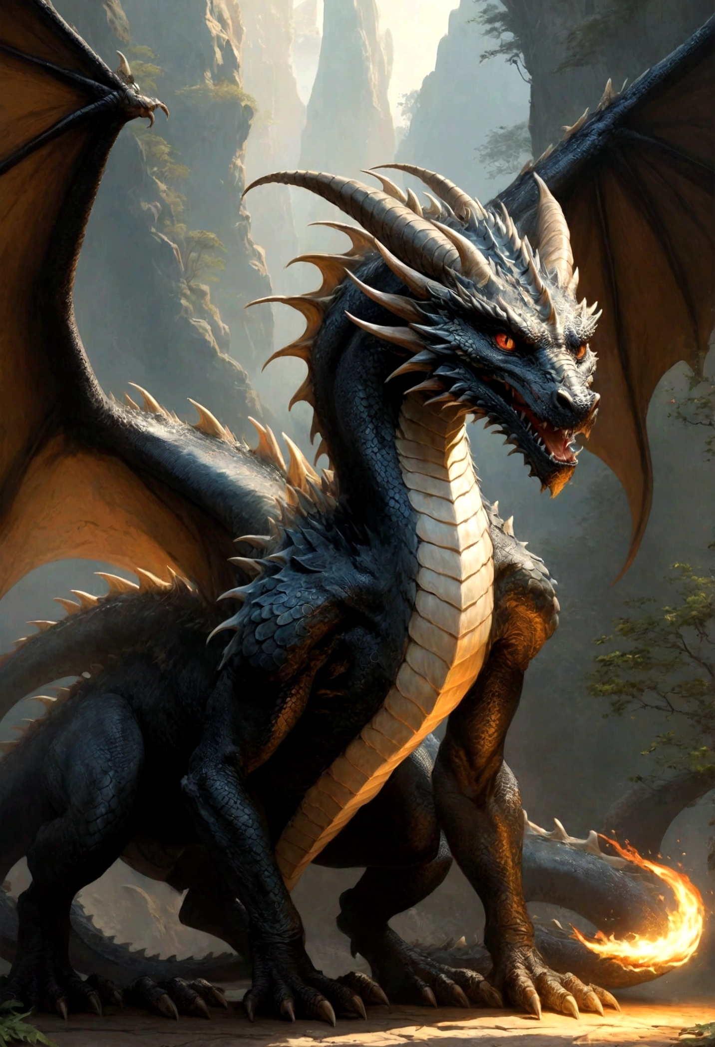 There is a white and black dragon with a long tail, concept art ...