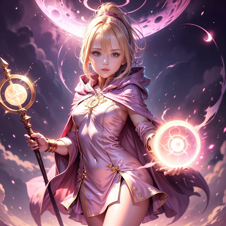 Blond ponytail hair fantasy lady wearing a futuristic light pink mini dress, pink pointed hooded tunic no helmet, pink short cloak, pink short mini skirt, holding a staff, eclipse, magic conjuring circle behind, dynamic pose