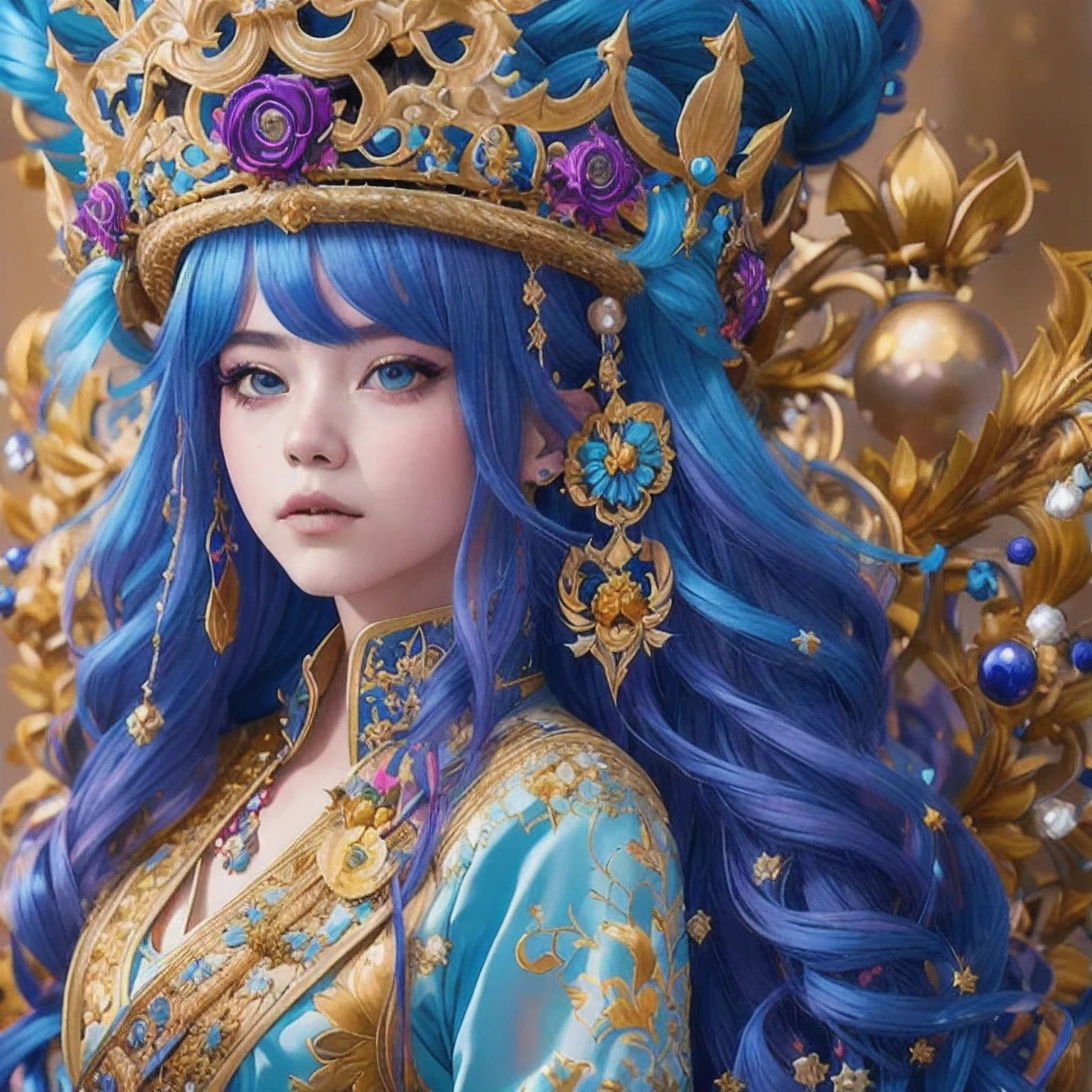 18 years old with blue hair wearing a gold crown and a blue wig, fantasy art style, ((a beautiful fantasy empress)), a beautiful fantasy empress, artwork in the style of Girl, azure. detailed hair, 18 years old, palace ， a girl in hanfu, beautiful celestial mage, anime girl with cosmic hair