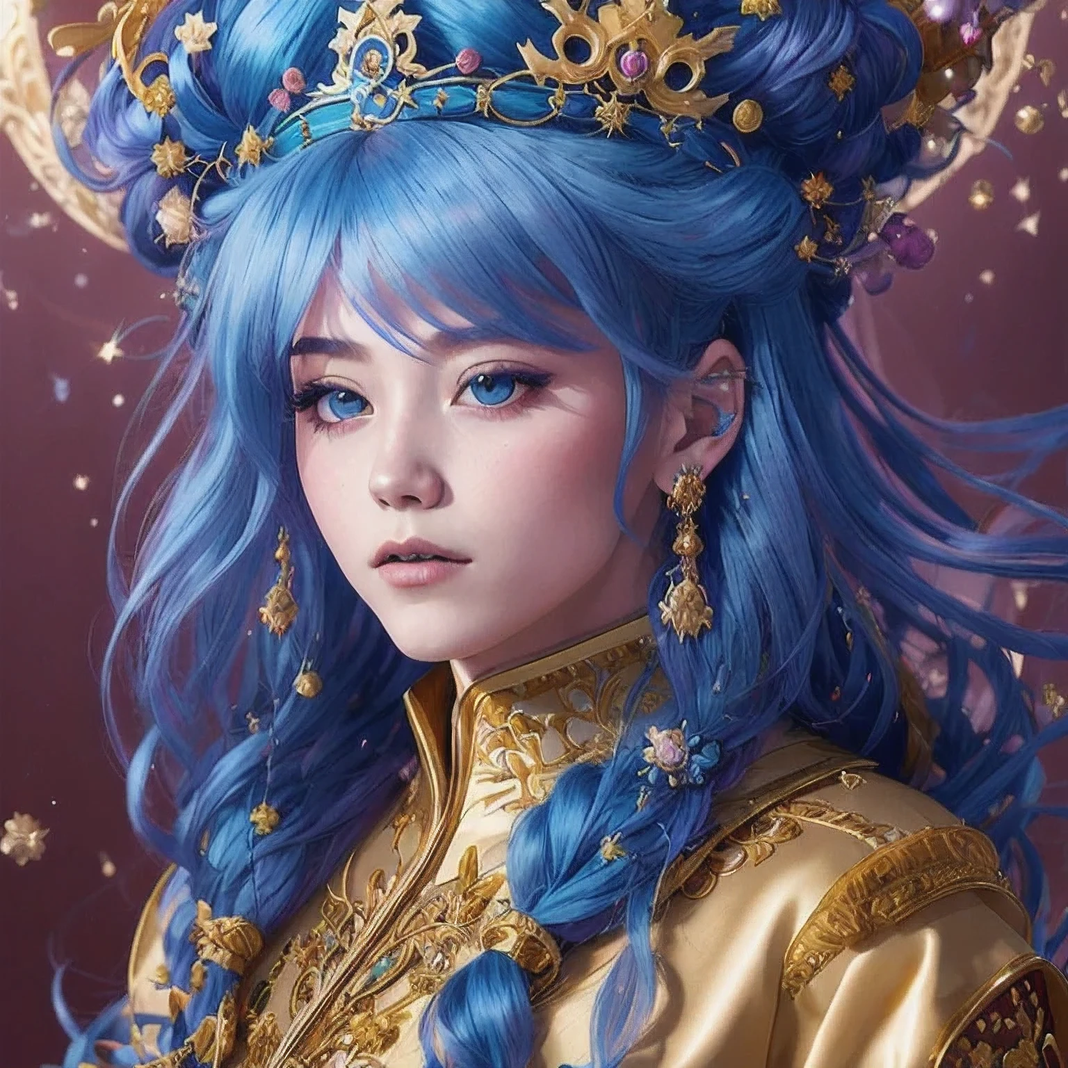 18 years old with blue hair wearing a gold crown and a blue wig, fantasy art style, ((a beautiful fantasy empress)), a beautiful fantasy empress, artwork in the style of Girl, azure. detailed hair, 18 years old, palace ， a girl in hanfu, beautiful celestial mage, anime girl with cosmic hair