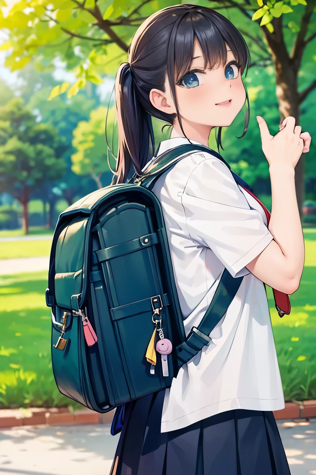 Anime girl with backpack pointing up in the park SeaArt AI