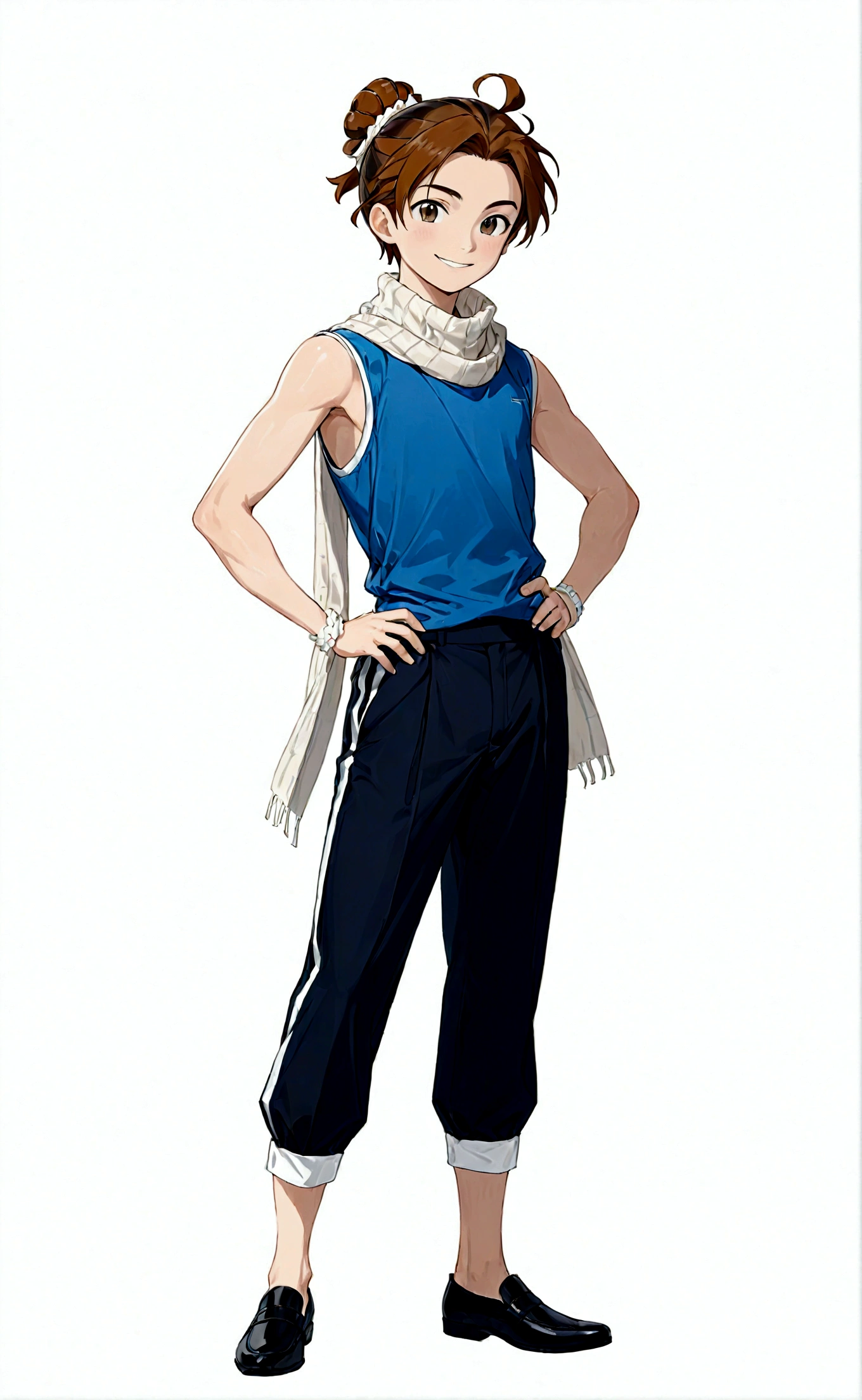 solo, looking at viewer, smile, simple background, brown hair, 1boy, white background, standing, full body, male focus, sleeveless, pants, hair bun, scarf, black footwear, black eyes, hand on hip, single hair bun