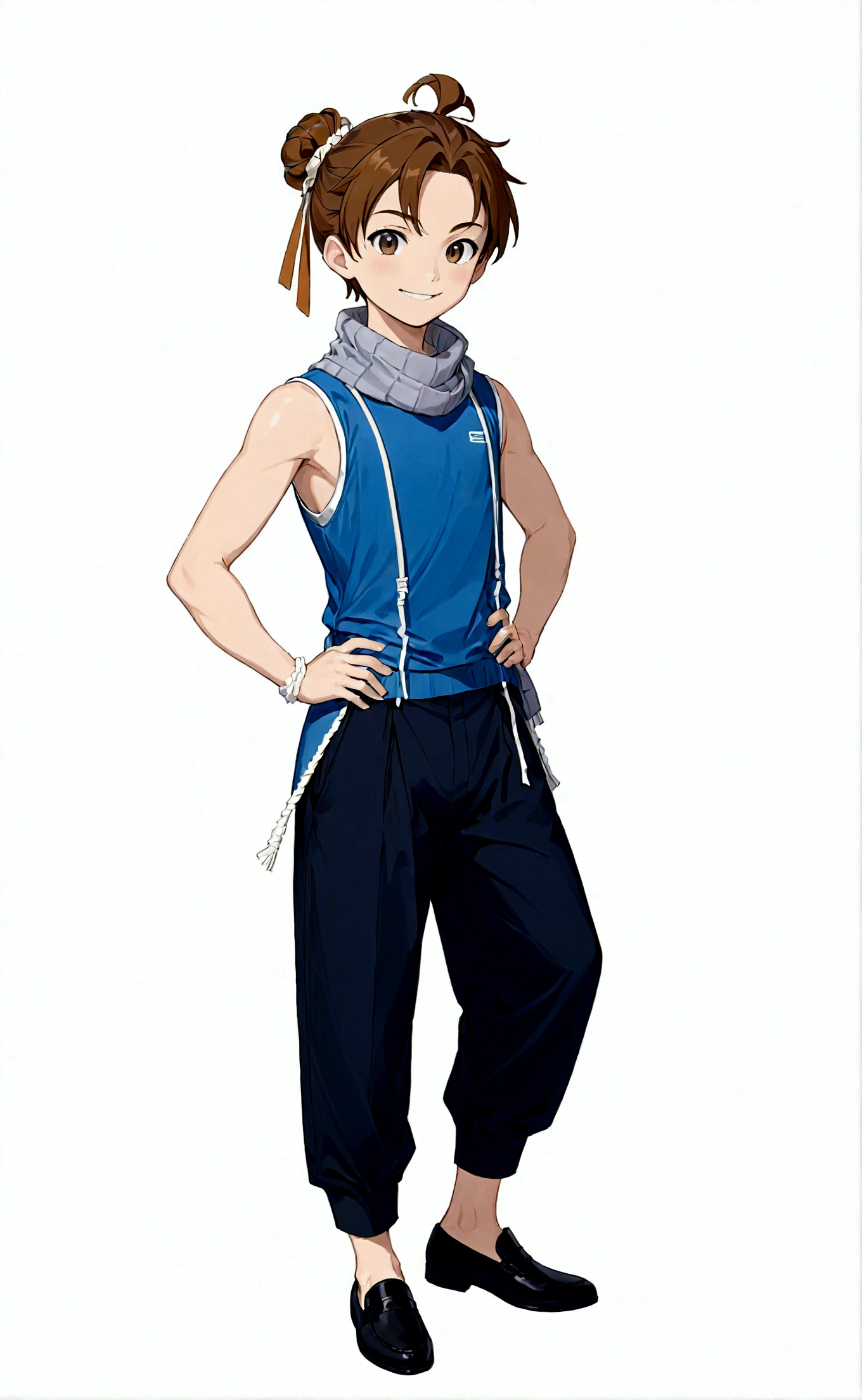 solo, looking at viewer, smile, simple background, brown hair, 1boy, white background, standing, full body, male focus, sleeveless, pants, hair bun, scarf, black footwear, black eyes, hand on hip, single hair bun