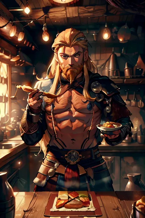 A muscular blond haired man with blue eyes with long hair and a dark beard in a Viking outfit is eating dinner in a tavern