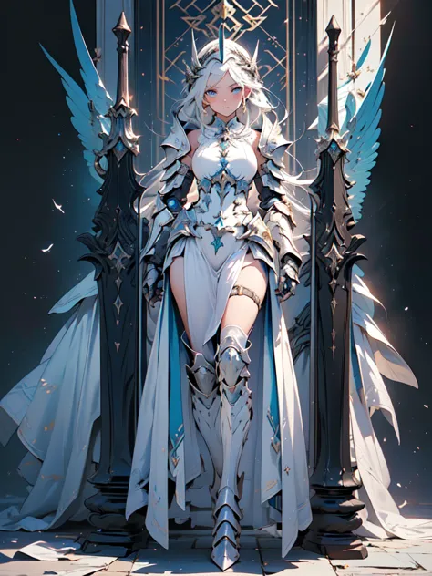 (((masterpiece, best quality, high detailed, 8k))) Design a layout showcase Gaming character, (1girl). valkyrie White|Blue|Gold ...