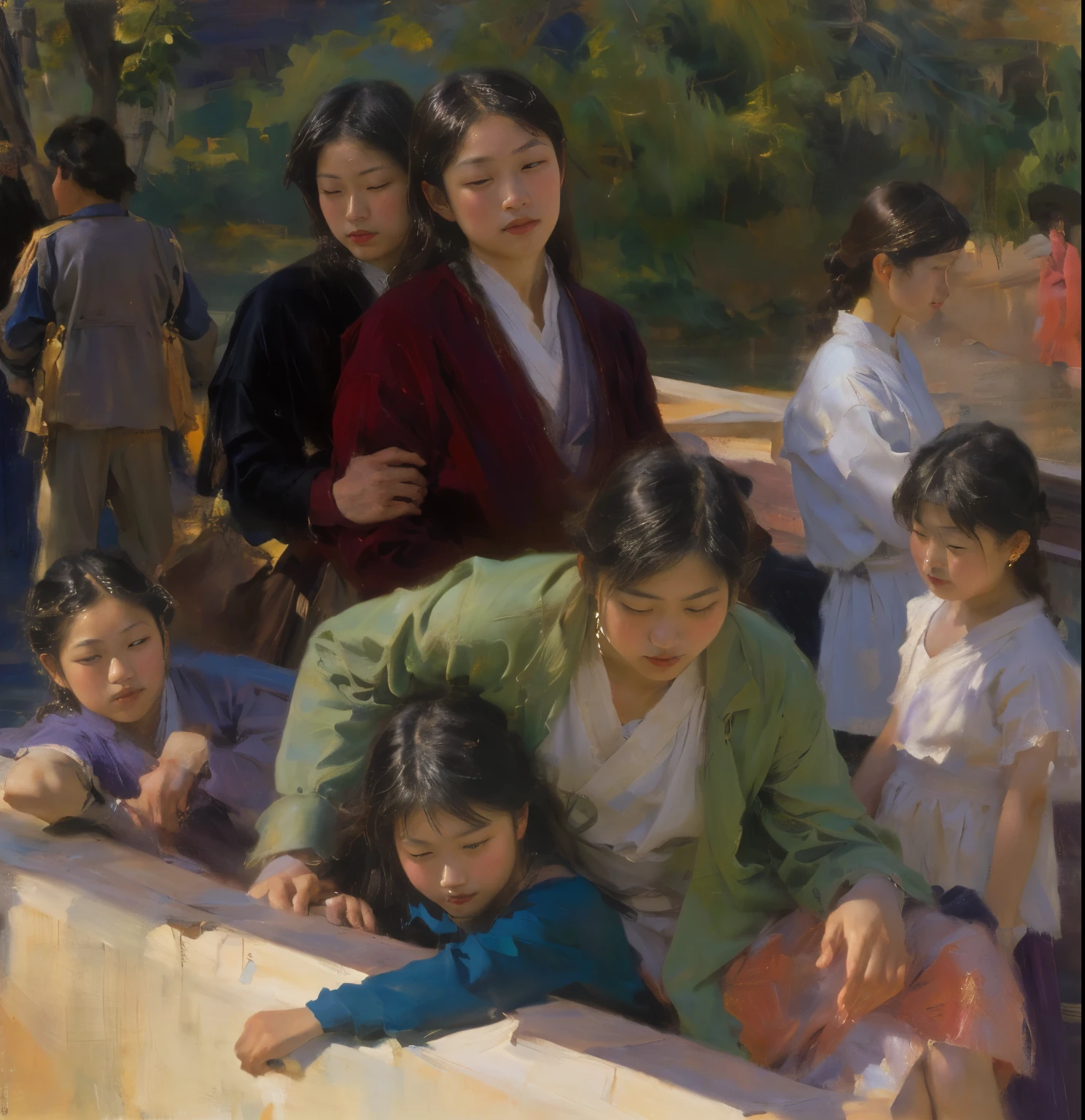 A group of Asians，2000，Modern Asian，View from the bridge，Three children at the bottom of the picture，,Oil painting style，Oil painting brush strokes，Sargent's style，The color of dusk，man，elder，Delicate face